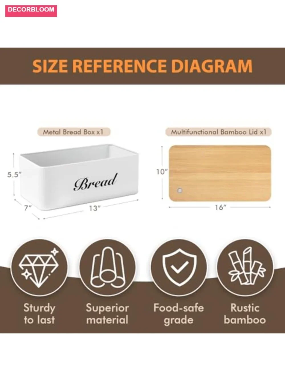 White Metal Bread Box with Bamboo Lid and One-Way Degassing Valve for Kitchen